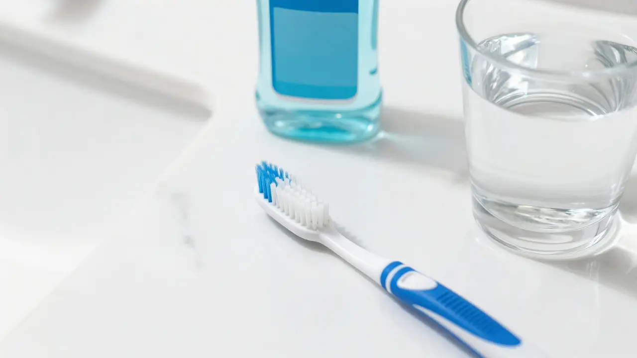 Měkký zubní kartáček a antiseptický roztok na čistém koupelnovém pultu.