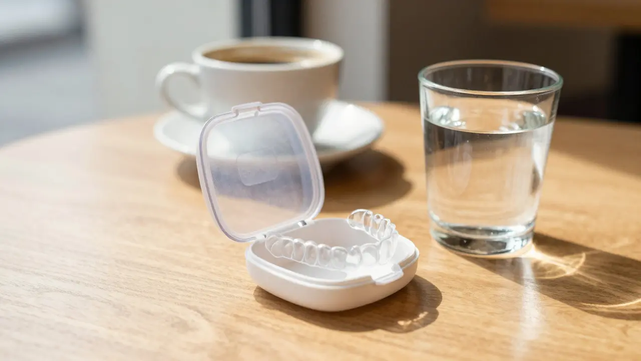 Ochranné pouzdro na neviditelnou rovnátku na stole vedle sklenice vody.