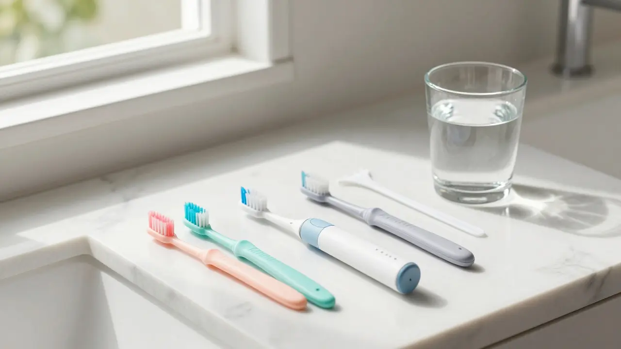 Sada pomůcek pro domácí péči o zuby včetně sonického kartáčku a mezizubních kartáčků.