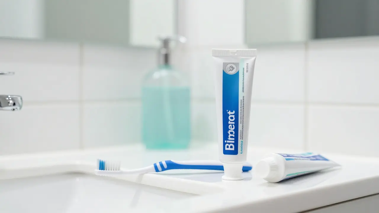 Sada pomůcek pro hygienu zubů včetně kartáčku a mezizubních kartáčků.