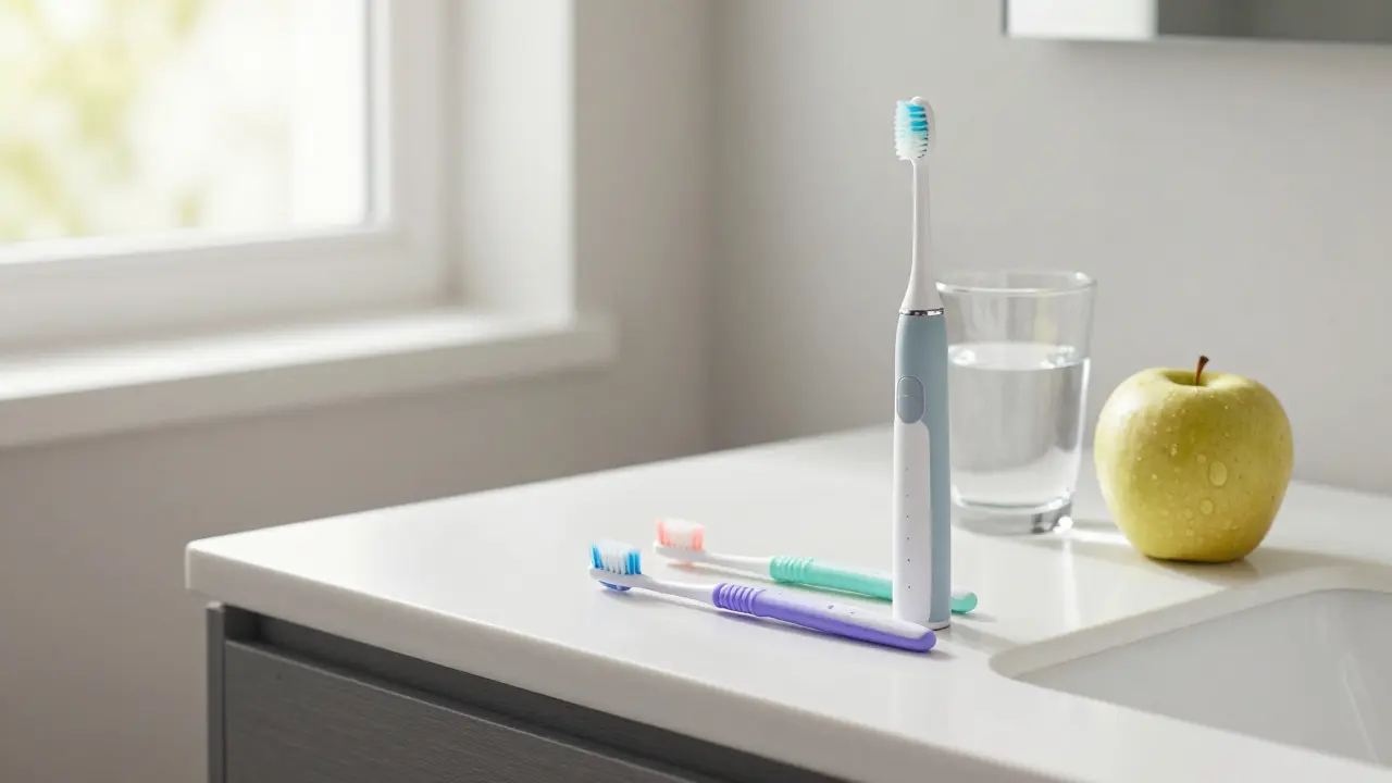 Sada pro domácí péči: elektrický kartáček a mezizubní kartáčky na koupelnovém pultu.