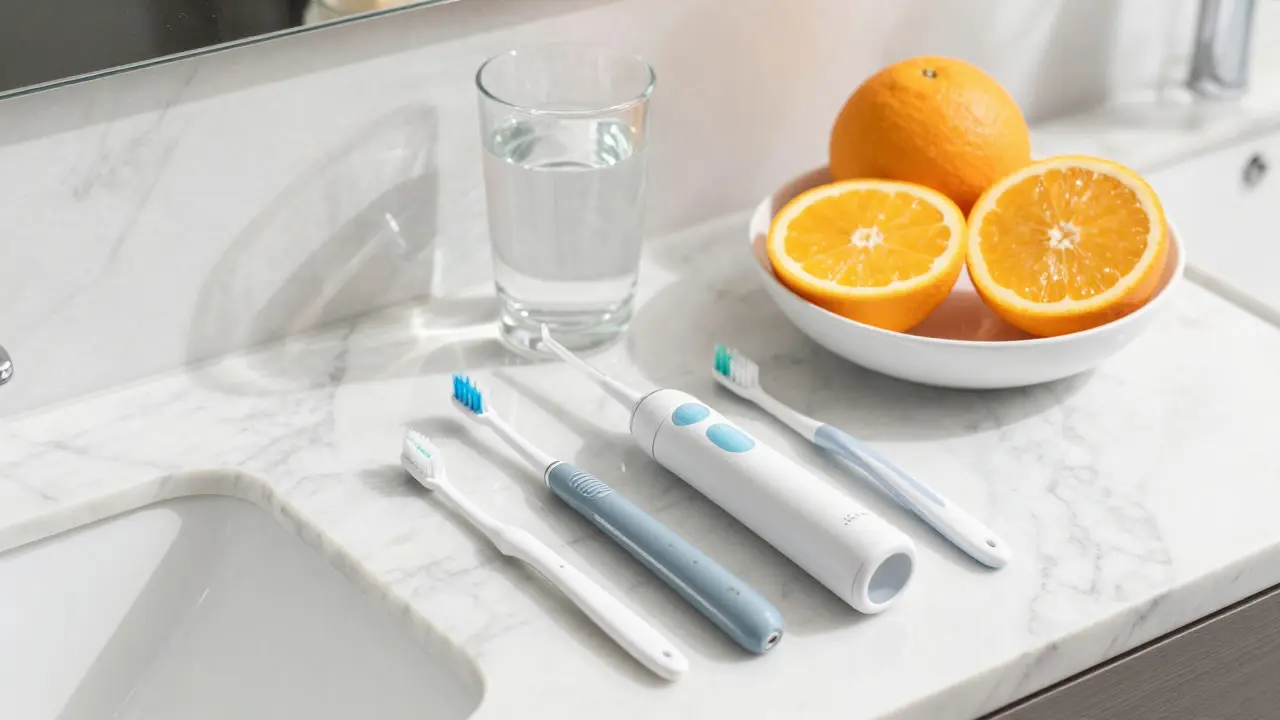 Sada pro prevenci zubního kamene zahrnující sonický kartáček a mezizubní pomůcky.