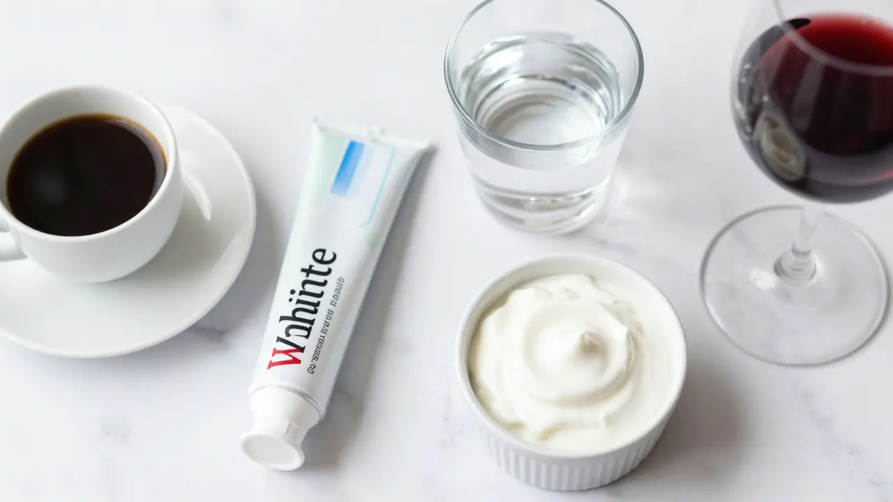 Sada produktů pro citlivé zuby a bílá dieta na mramorovém podkladu.