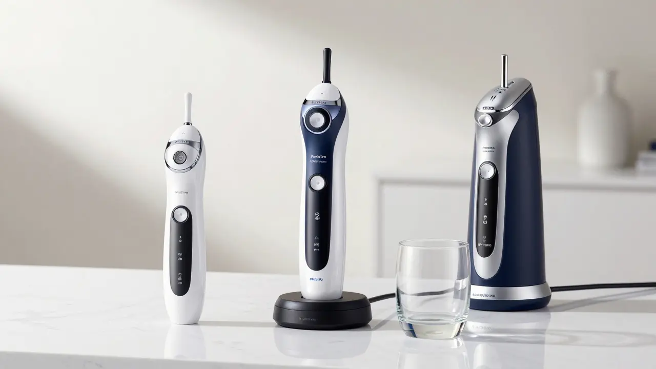 Srovnání tří řad sonických kartáčků Philips na mramorovém povrchu.