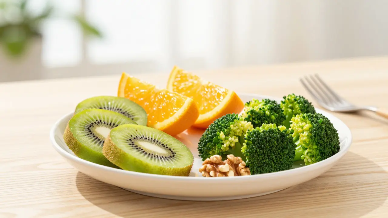 Zdravá snídaně s kiwi, citrusy a brokolicí podporující detox organismu.