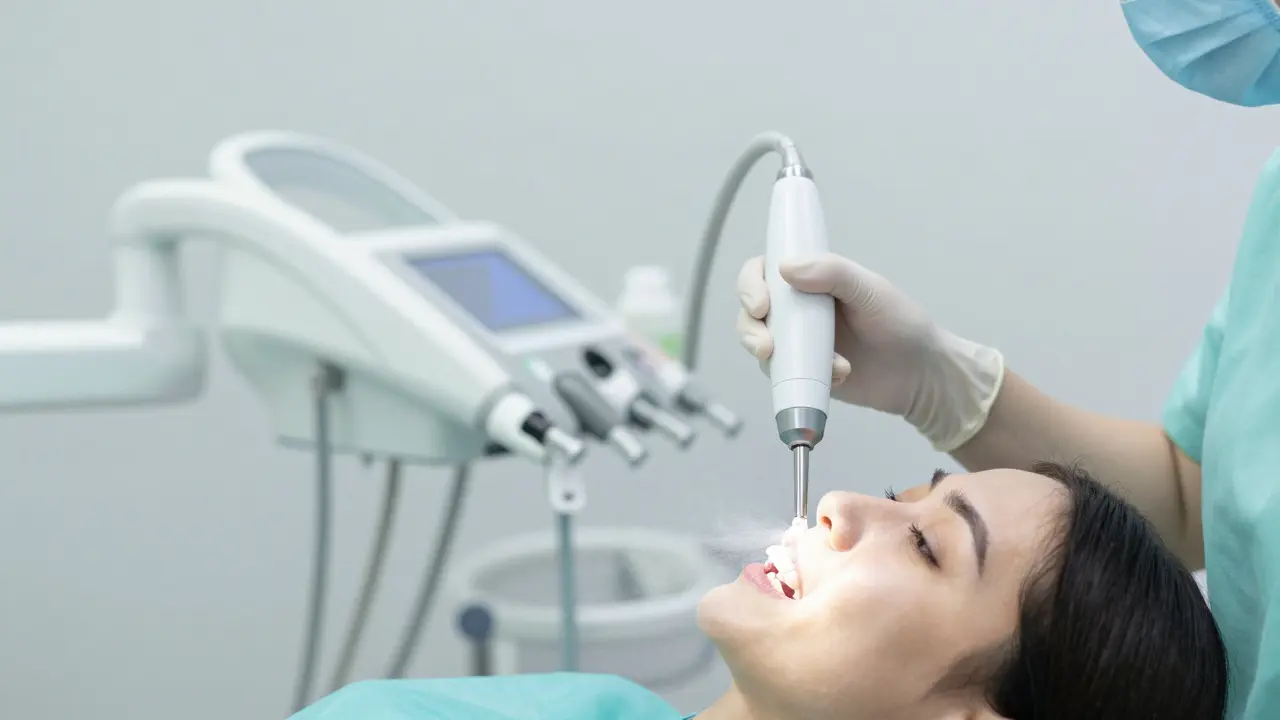 Zubní hygienistka provádí pískování zubů pomocí profesionálního přístroje.