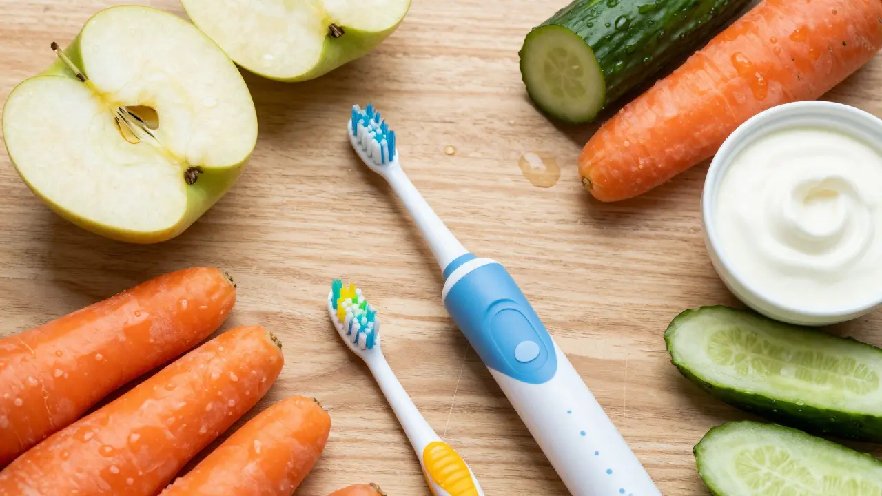 Zubní pomůcky a zdravá zelenina na dřevěném pultu pro hygienu.