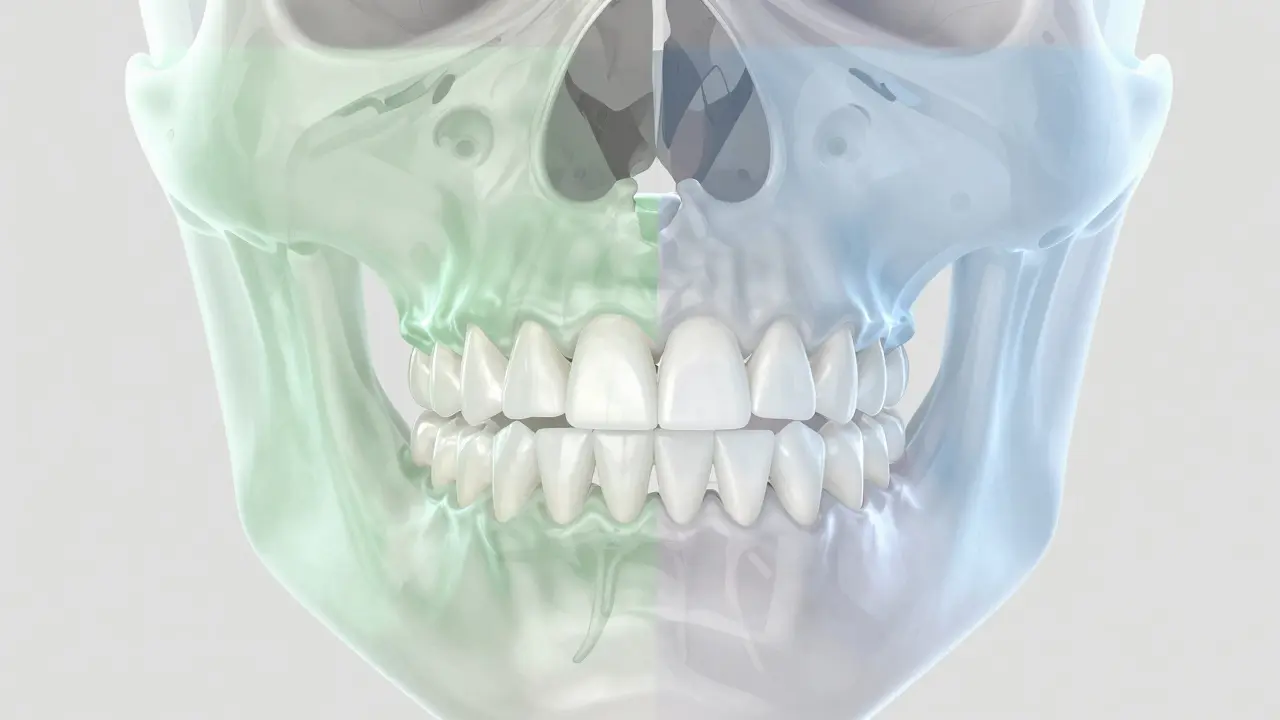 Anatomická ilustrace lidské čelisti s barevně zvýrazněnými kvadranty pro FDI systém.
