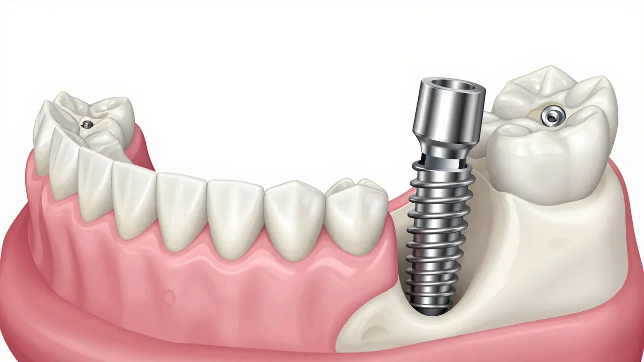 Anatomické srovnání účinků protéz a implantátů na čelistní kost.