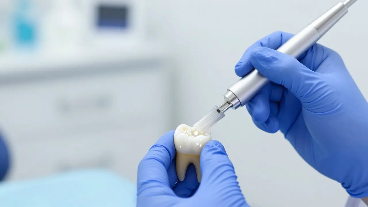Dentista aplikuje pryskyřici na zub při proceduře infiltrace emailu