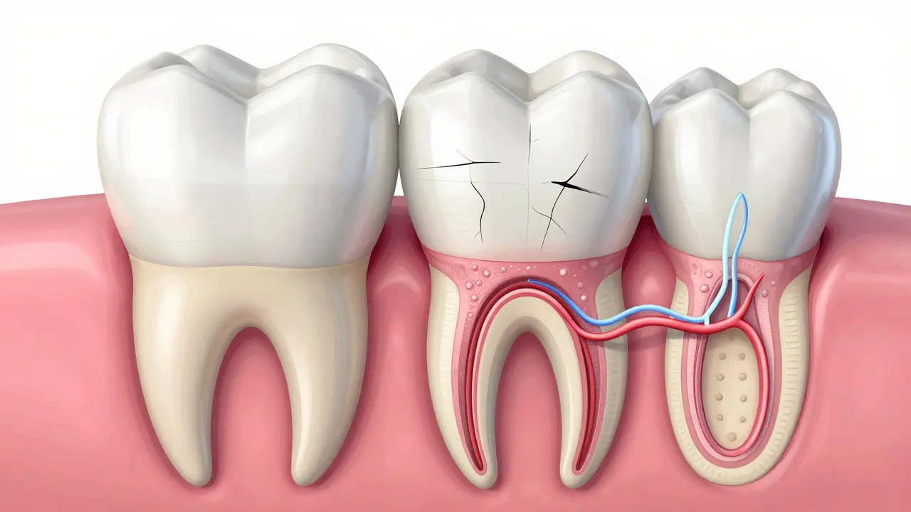 Detailní anatomický pohled na průřez řezákem s nervem a trhlinami