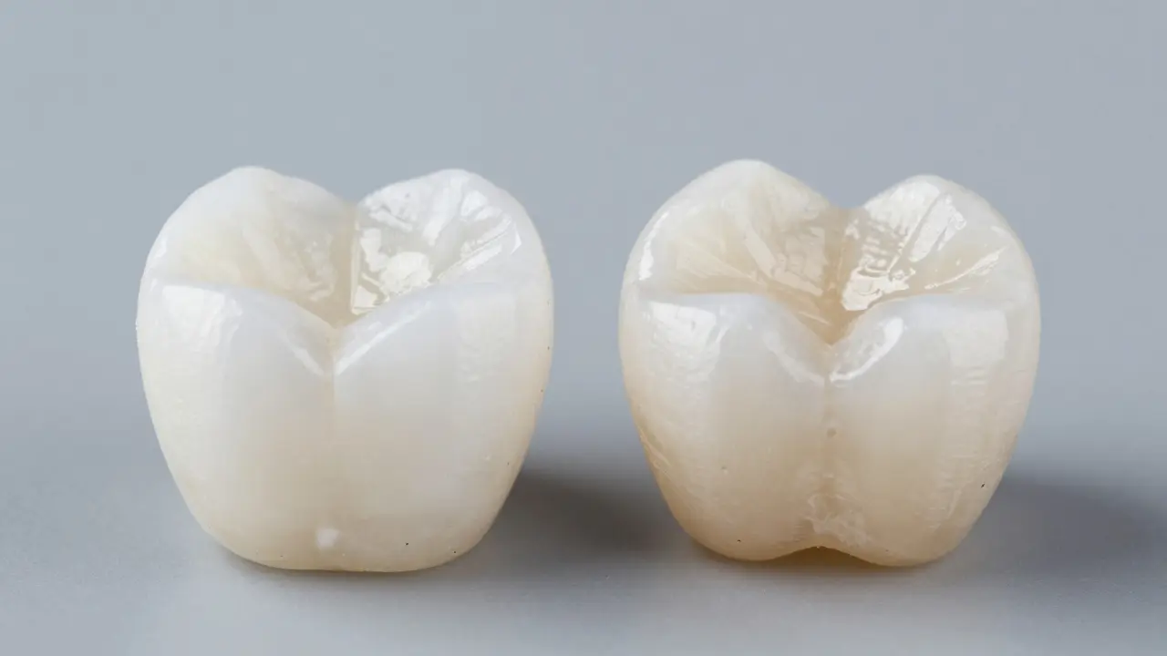 Porovnání materiálů pro zubní korunky: hrubý zirkon a průsvitná keramika.
