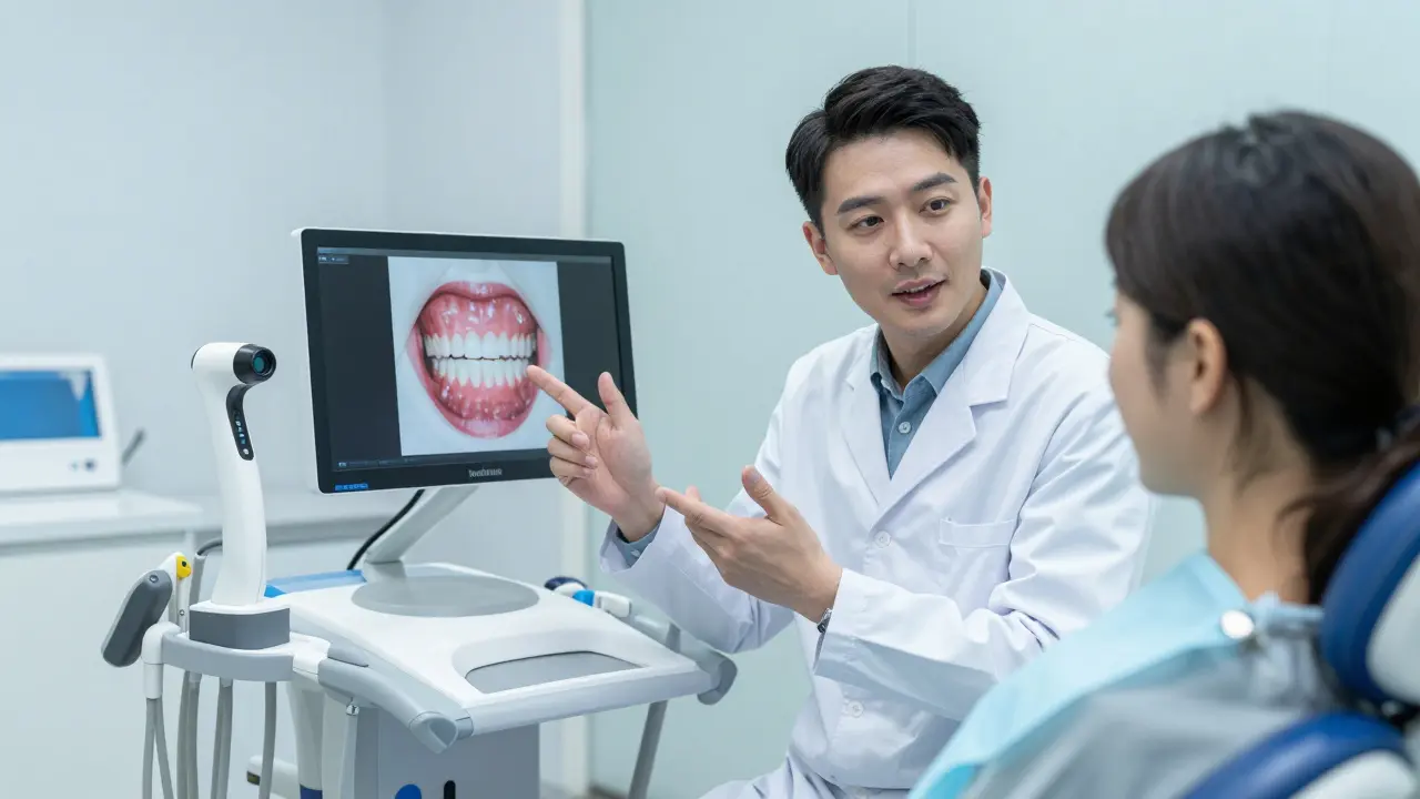 Specialista na estetickou stomatologii konzultuje digitální plán úsměvu s pacientem