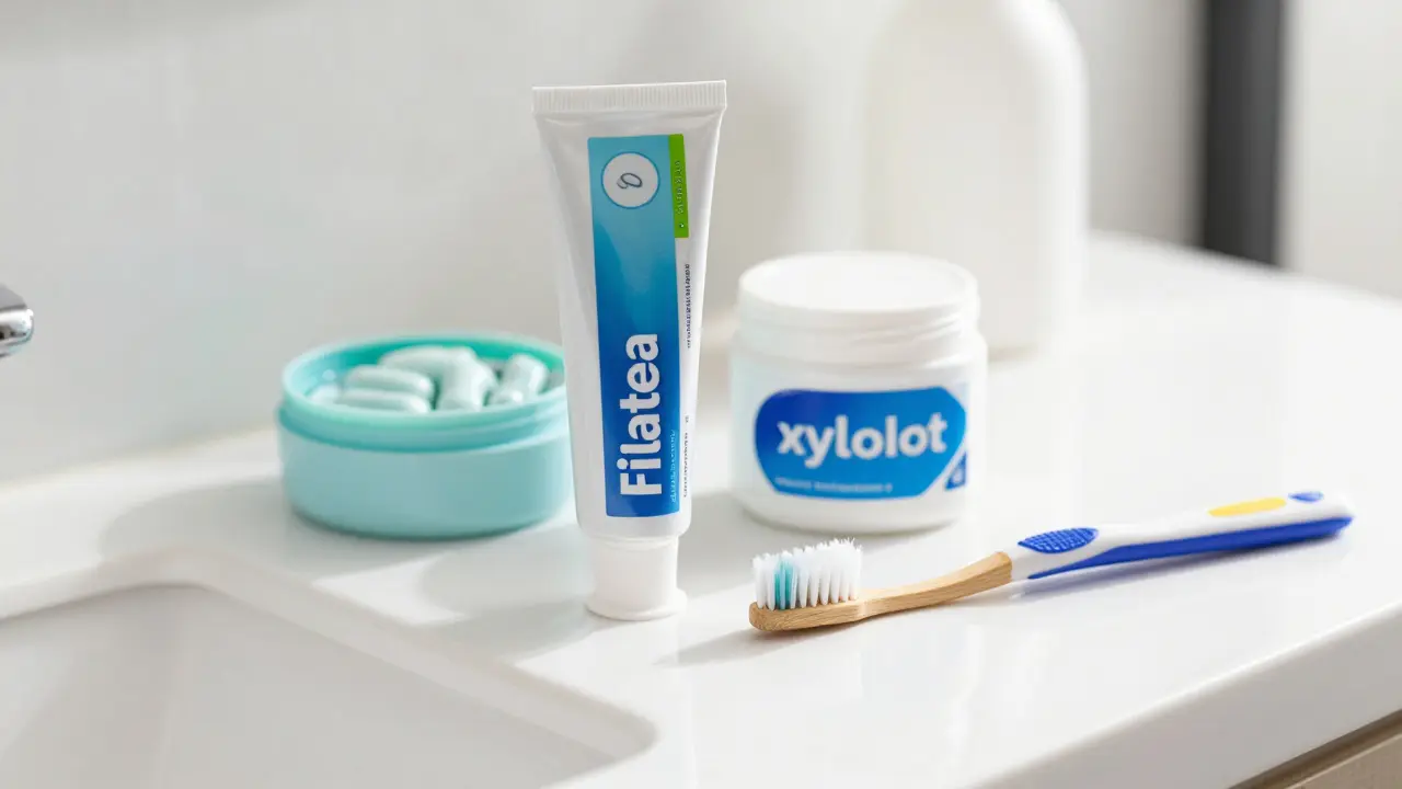 Zubní pasta, xylitol a kartáček na čistém umyvadle pro domácí péči