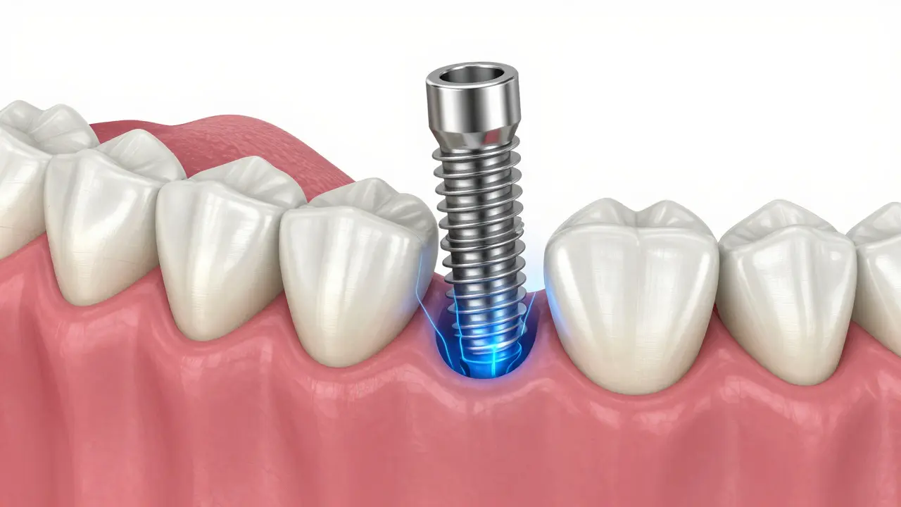 3D ilustrace zubního implantátu integrovaného v čelistní kosti