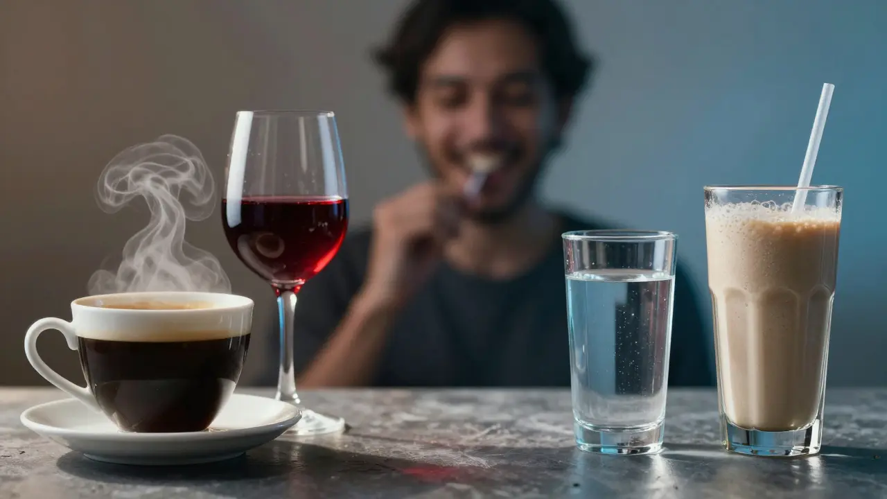Káva a víno vedle vody pro péči o zuby