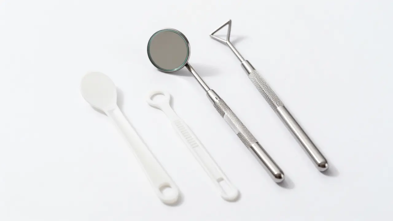 Různé typy dentálních zrcátek z oceli a plastu na bílém podkladu