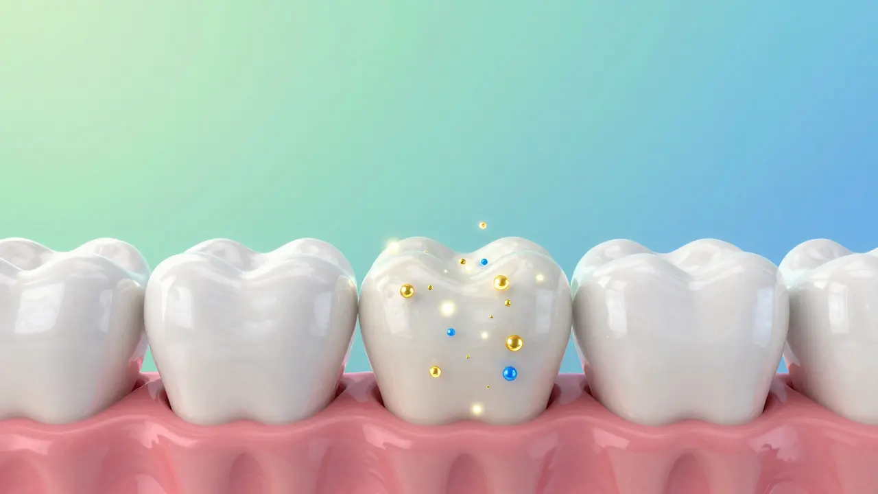 Abstraktní zobrazení remineralizace zubní skloviny fluoridem