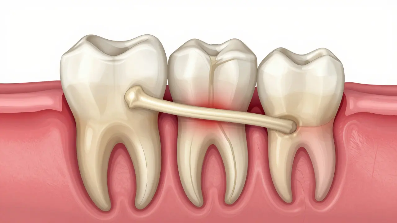 Anatomický řez zobrazující moudrý zub tlačící na sousední zuby