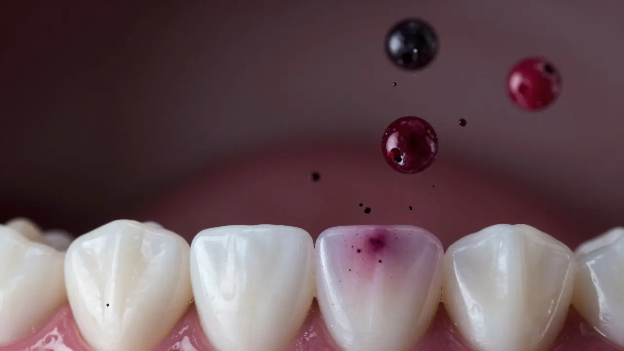 Bílý zub obklopený tmavými částicemi kávy a vína