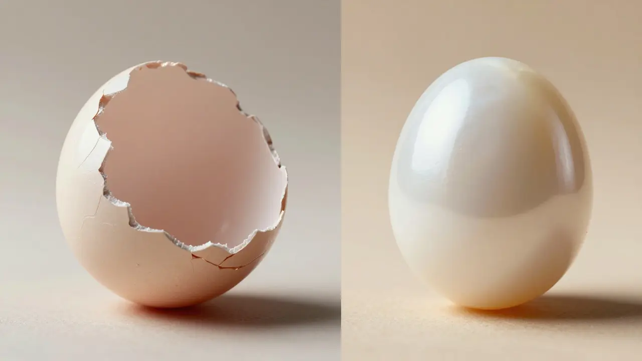 Konceptuální obrázek: křehké bílé zuby versus zdravě chráněné