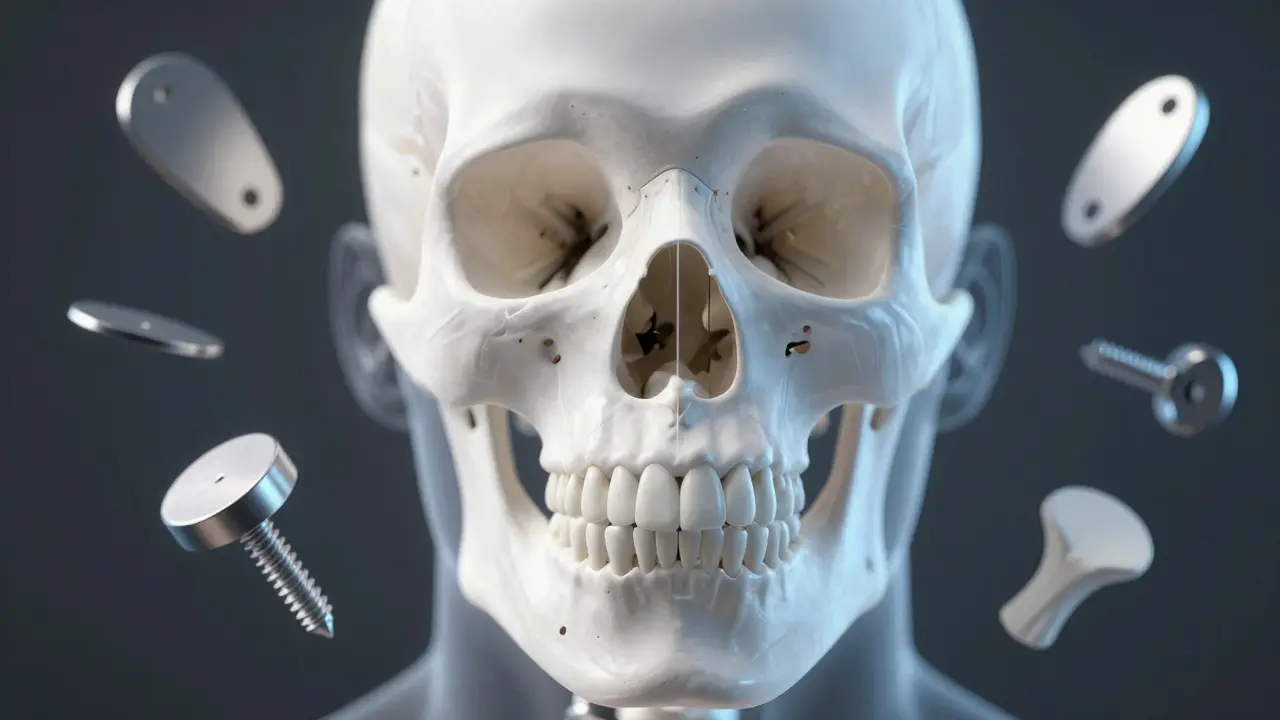 3D ilustrace lidské čelisti s chirurgickými materiály