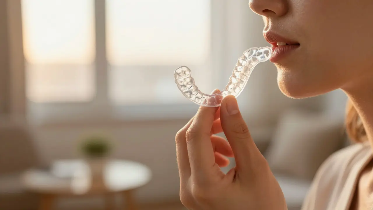 Hand holding a clear dental retainer in a warm home setting