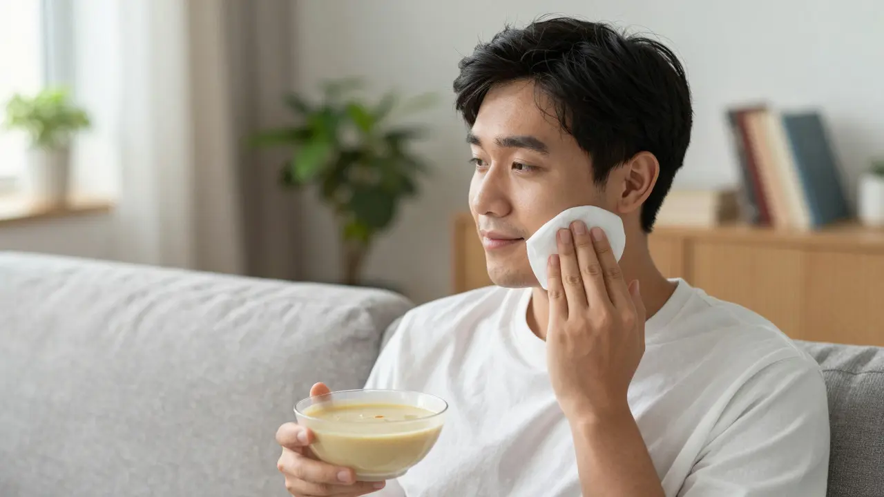 Pacient po operaci konzumuje polévku a aplikuje chlad