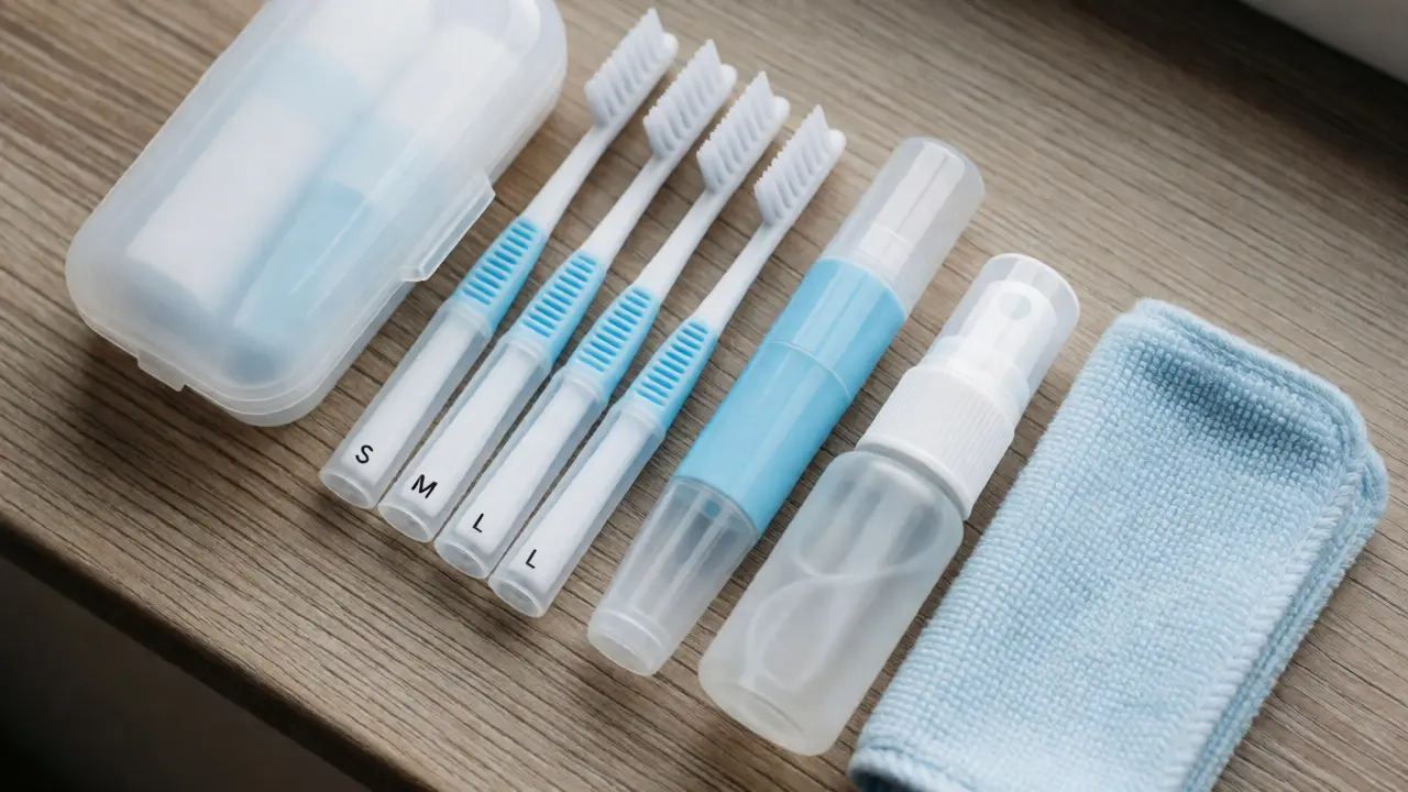 Přehledně uspořádaná sada cestovních pomůcek pro ústní hygienu včetně mezizubních kartáčků.