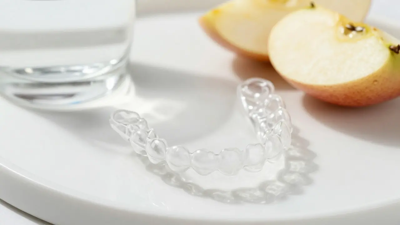 Transparentní rovnátka Invisalign vedle jablka a vody
