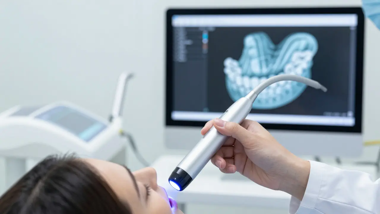 Zubní lékař používá digitální skener pro 3D model čelisti