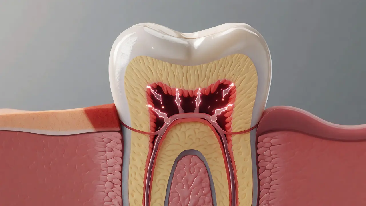 Anatomický řez zubem s odhalenými dentinovými kanálky