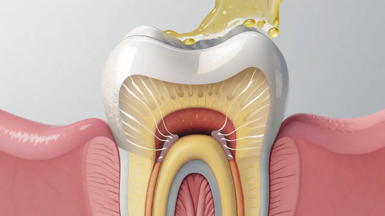 Anatomický řez zubem zobrazující odhalený dentin a nervová zakončení
