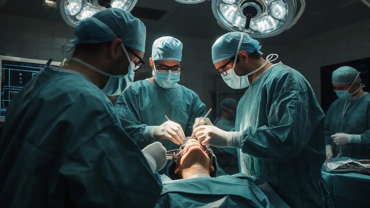 Chirurgové provádějící operaci čelisti na operačním sále
