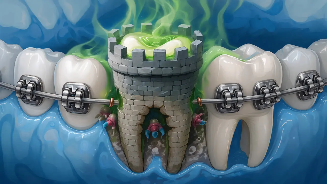 Konceptuální ilustrace zubu jako hradu napadeného bakteriemi