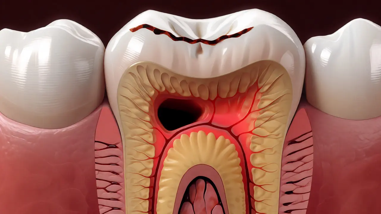 Řez zubem ukazující průnik kazu do citlivého dentinu s viditelnými kanálky.