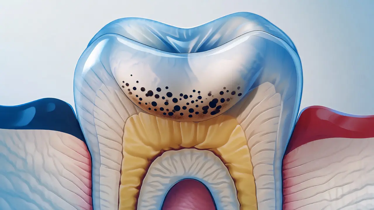 Anatomický řez zubem ukazující sklovinu a žlutý dentin pod ní