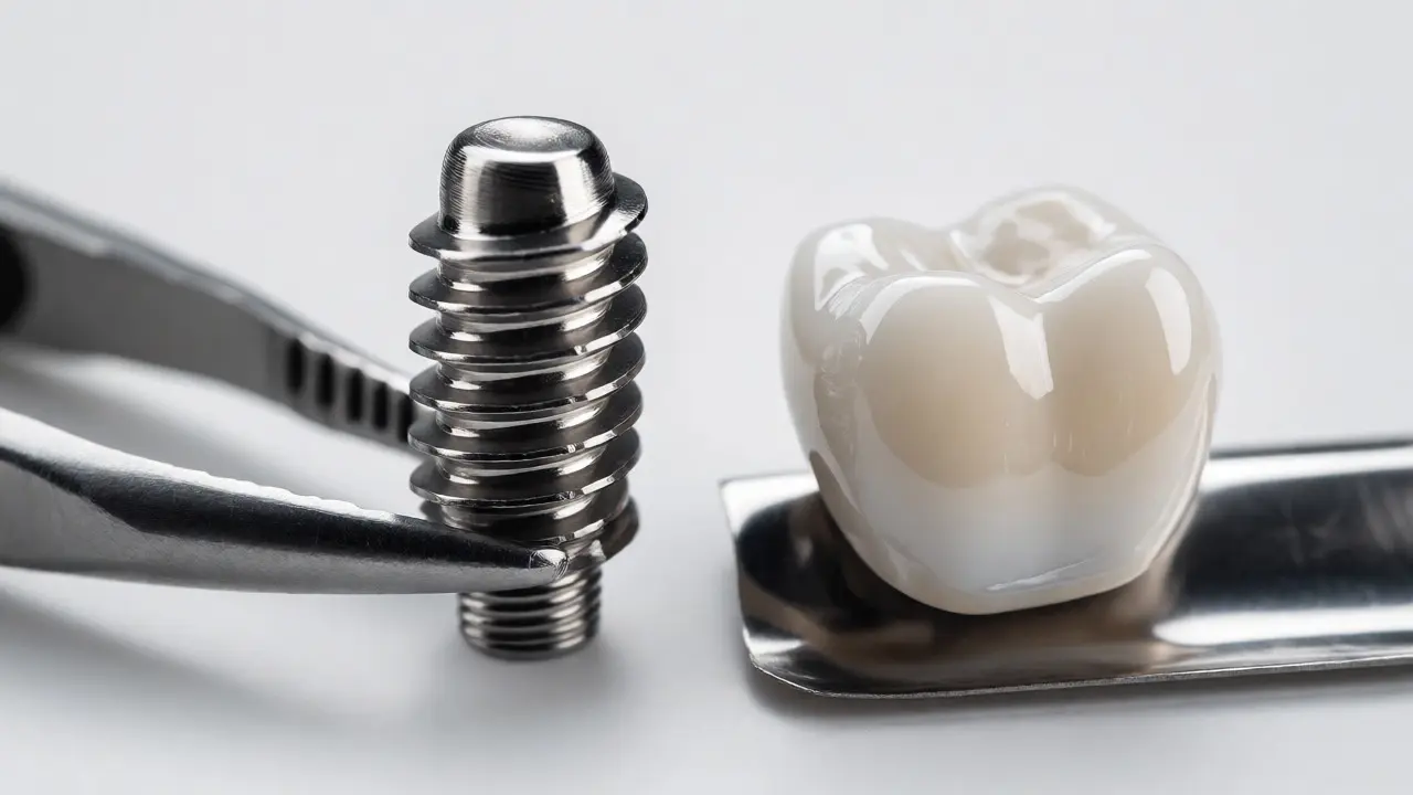 Detail titanového zubního implantátu a keramické korunky.