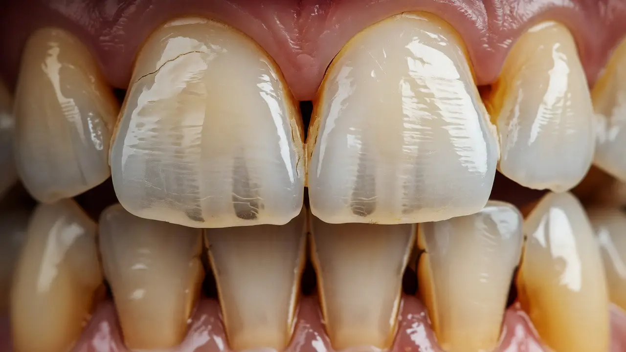 Makro záběr na opotřebené zuby s odhaleným dentinem