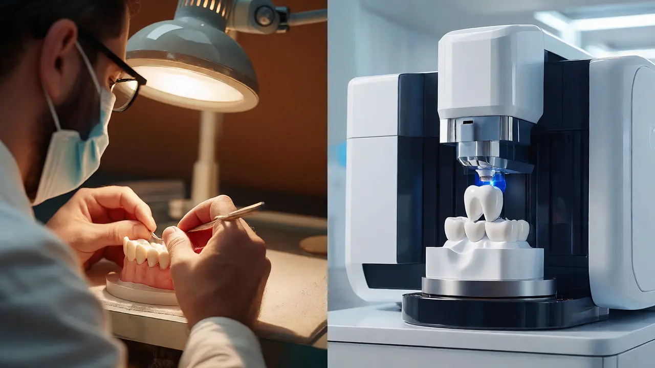 Porovnání ruční výroby korunky v laboratoři a CAD/CAM frézování