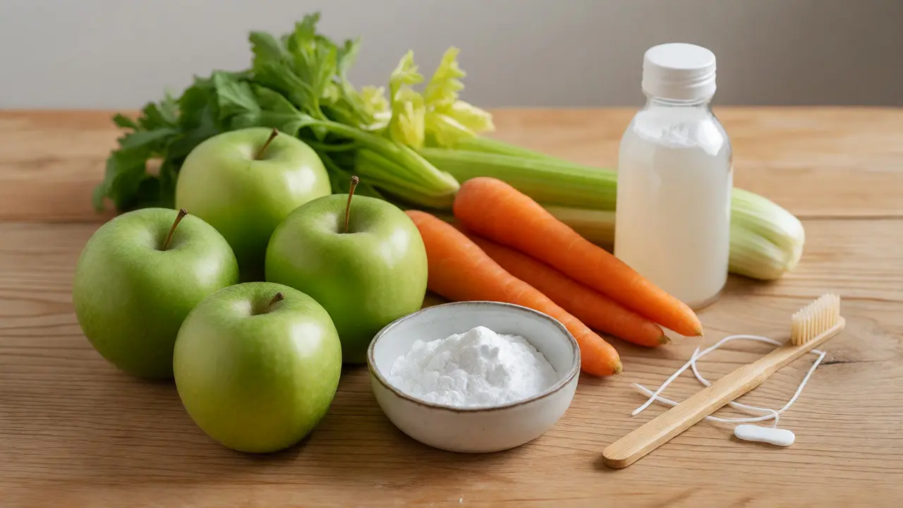 Přírodní ingredience pro péči o zuby: ovoce, zelenina a kokosový olej