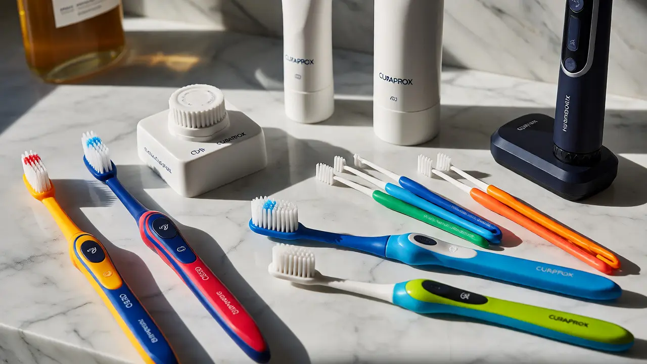 Sada produktů dentální hygieny Curaprox na mramoru