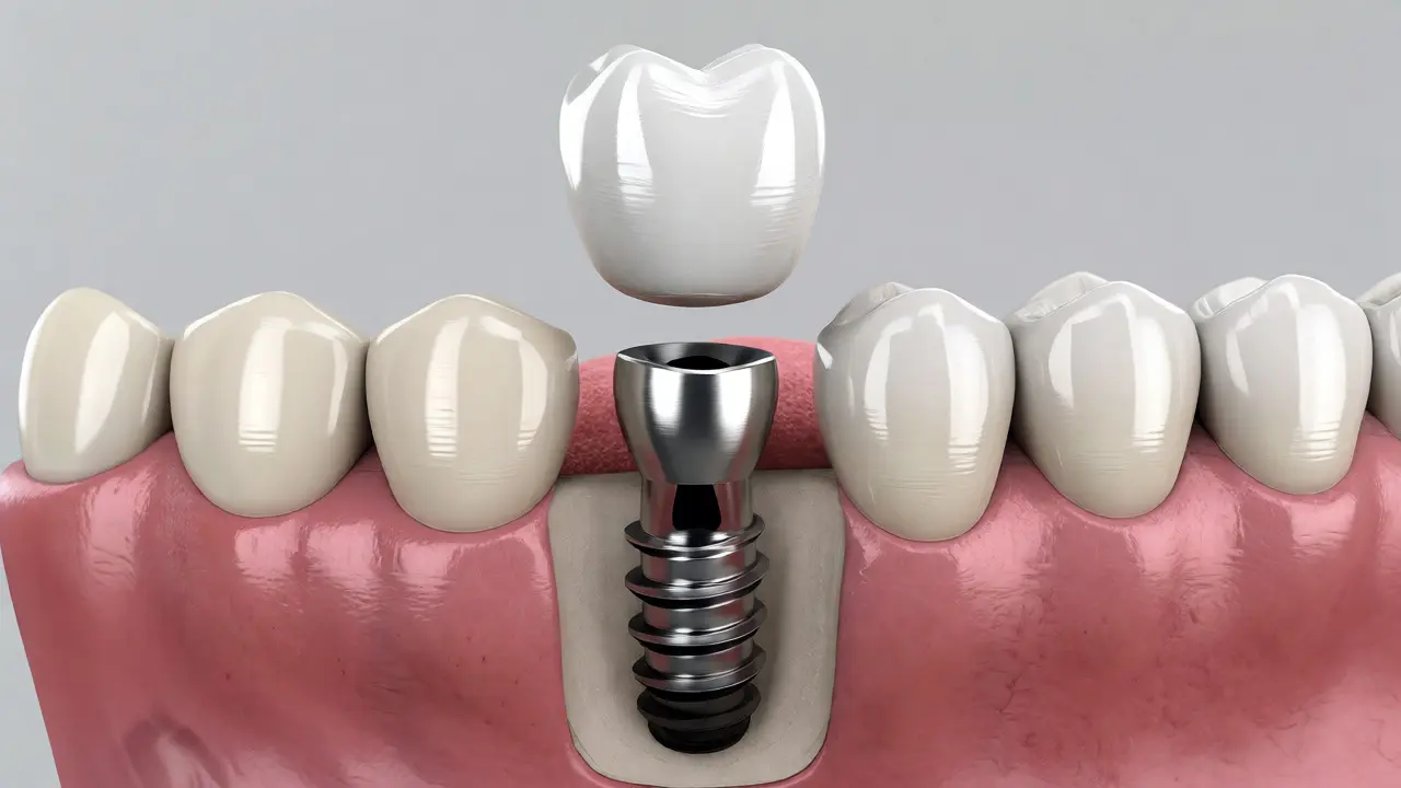Titanový zubní implantát zavedený do čelistní kosti s keramickou korunkou.