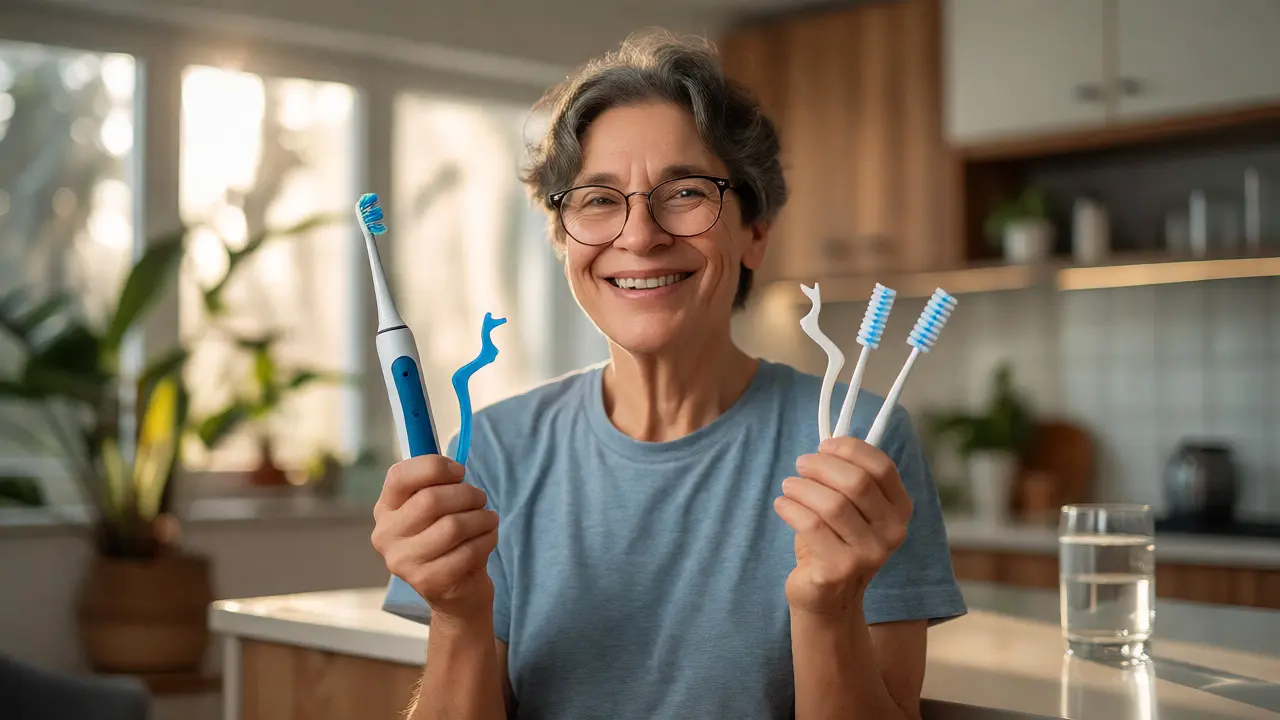 Úsměv člověka s dentálními pomůckami pro prevenci