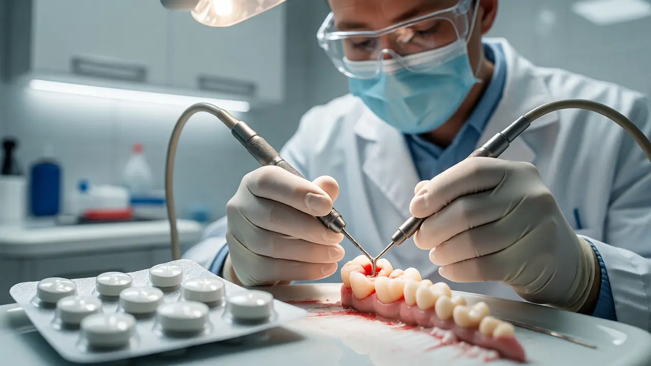 Zubní lékař provádějící čištění kořenových kanálků