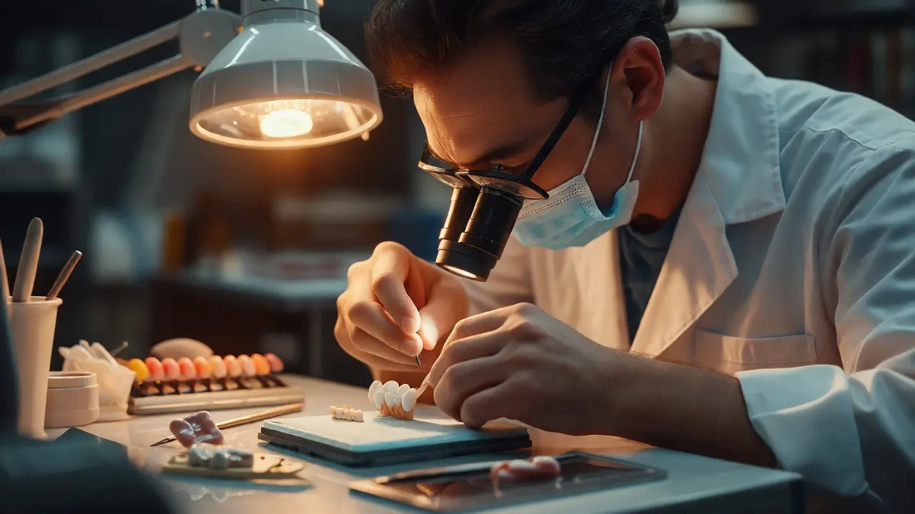 Zubní technik pečlivě opracovává keramickou fazetu pod zvětšovacím sklem.