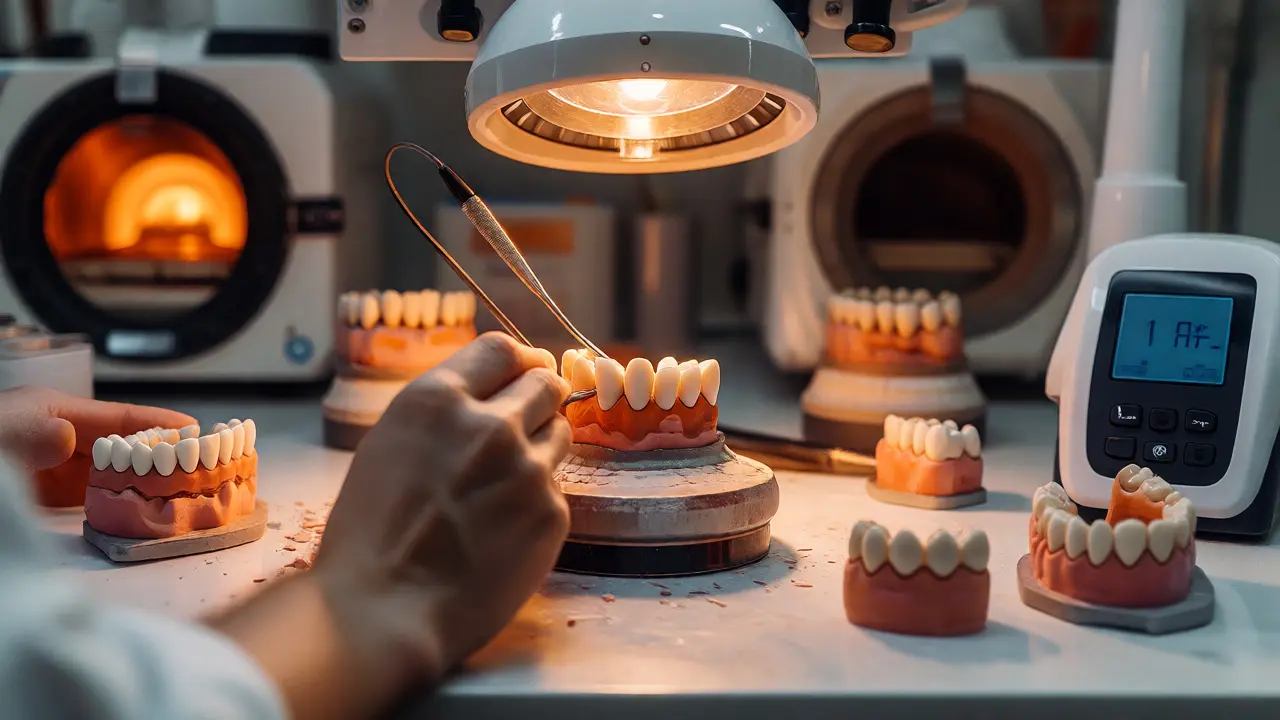Zubní technik ručně vrství porcelán na model zubu v laboratoři.